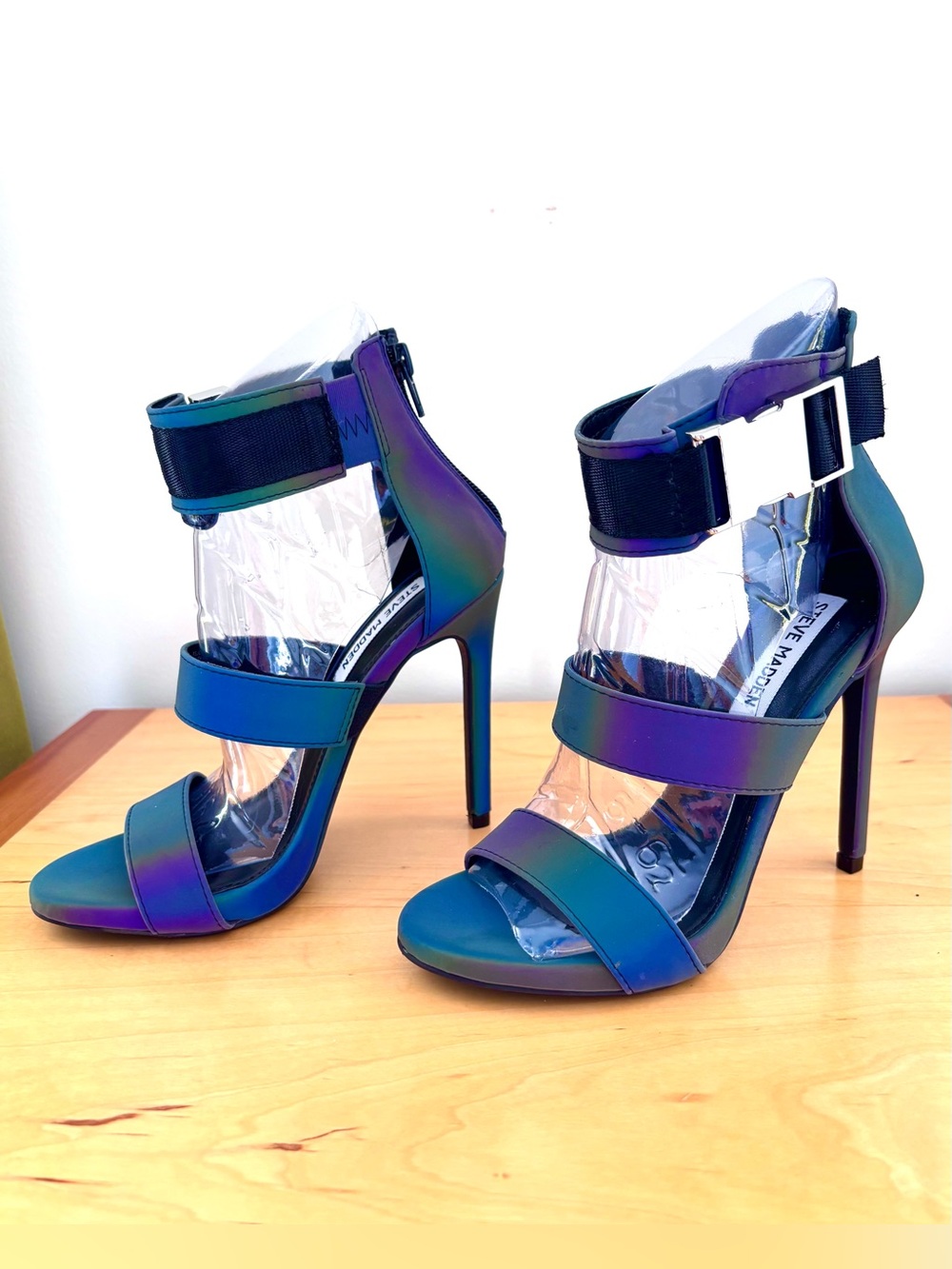 Steve Madden Rainbow Reflective Iridescent Stiletto Heels with Buckle, Size 6